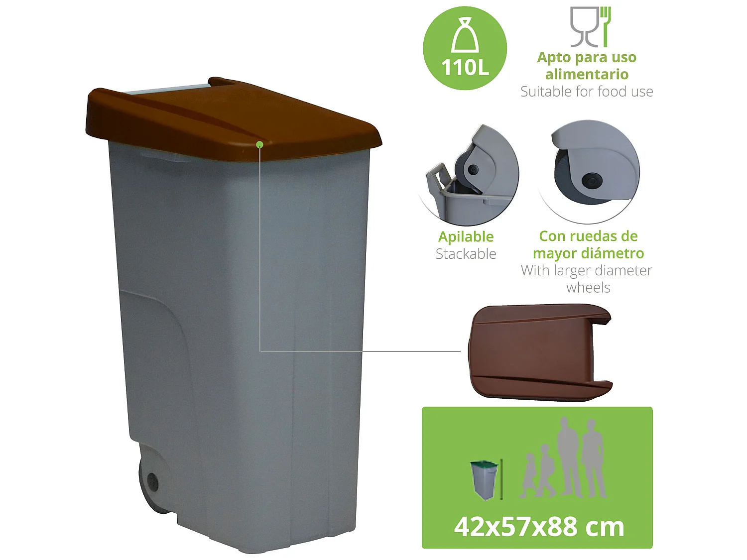 Recycler le conteneur 110 litres fermé + 3x sacs à ordures de 10 unités, L57 P 42 H88