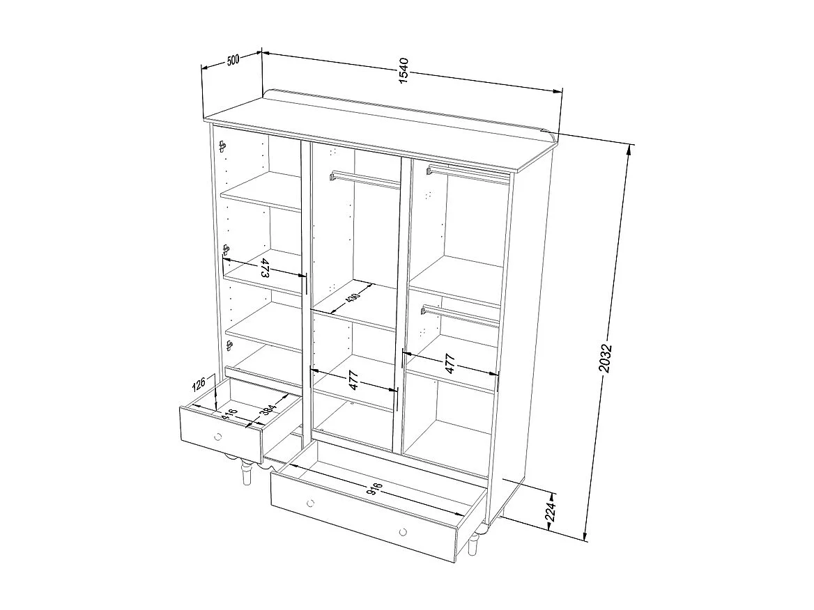 Armoire 3 portes 3 tiroirs Babushka Olive
