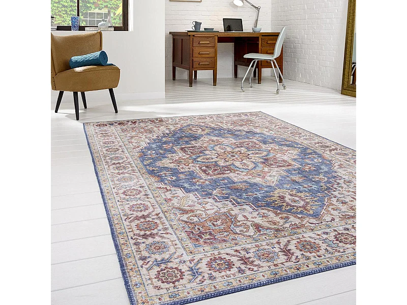 tapis grand salon 200x290 tissé bleu et marron rectangle motif oriental VIVACE 1