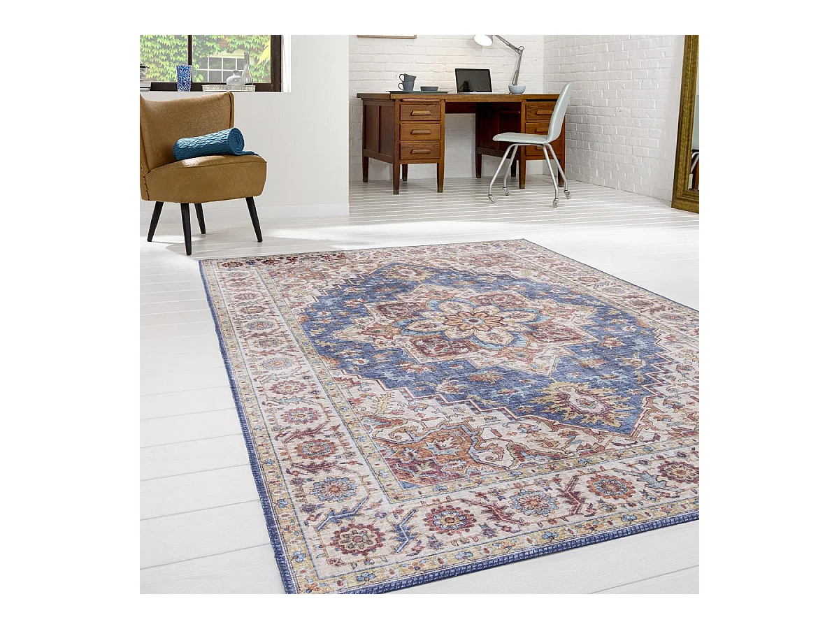tapis grand salon 200x290 tissé bleu et marron rectangle motif oriental VIVACE 1