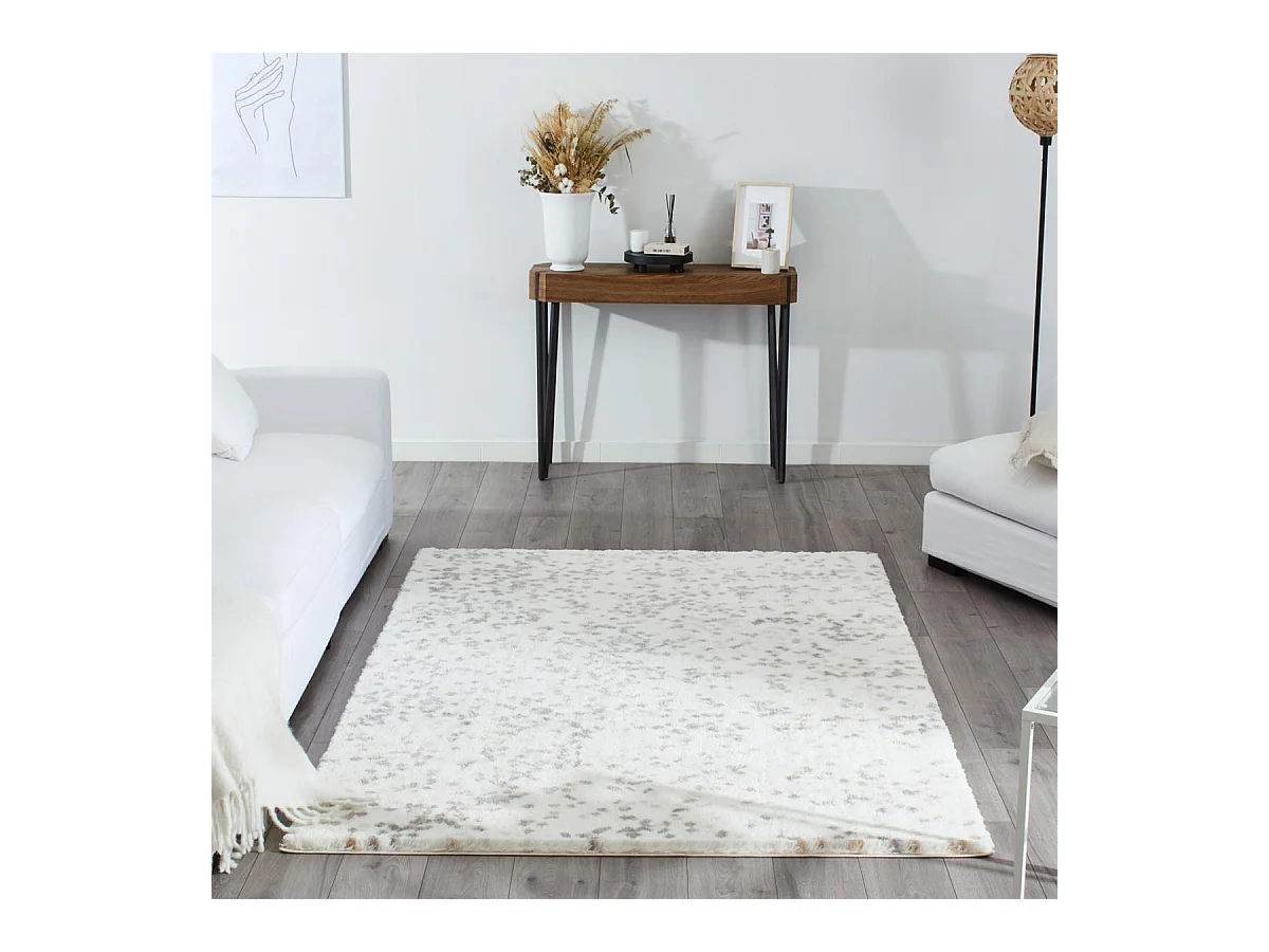 Tapis shaggy 200x290 rectangle tissé beige et blanc motif géométrique TEROVA 1
