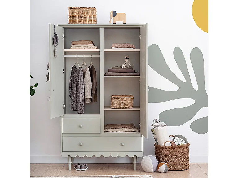Lit évolutif 70x140 et armoire 2 portes Babushka Olive