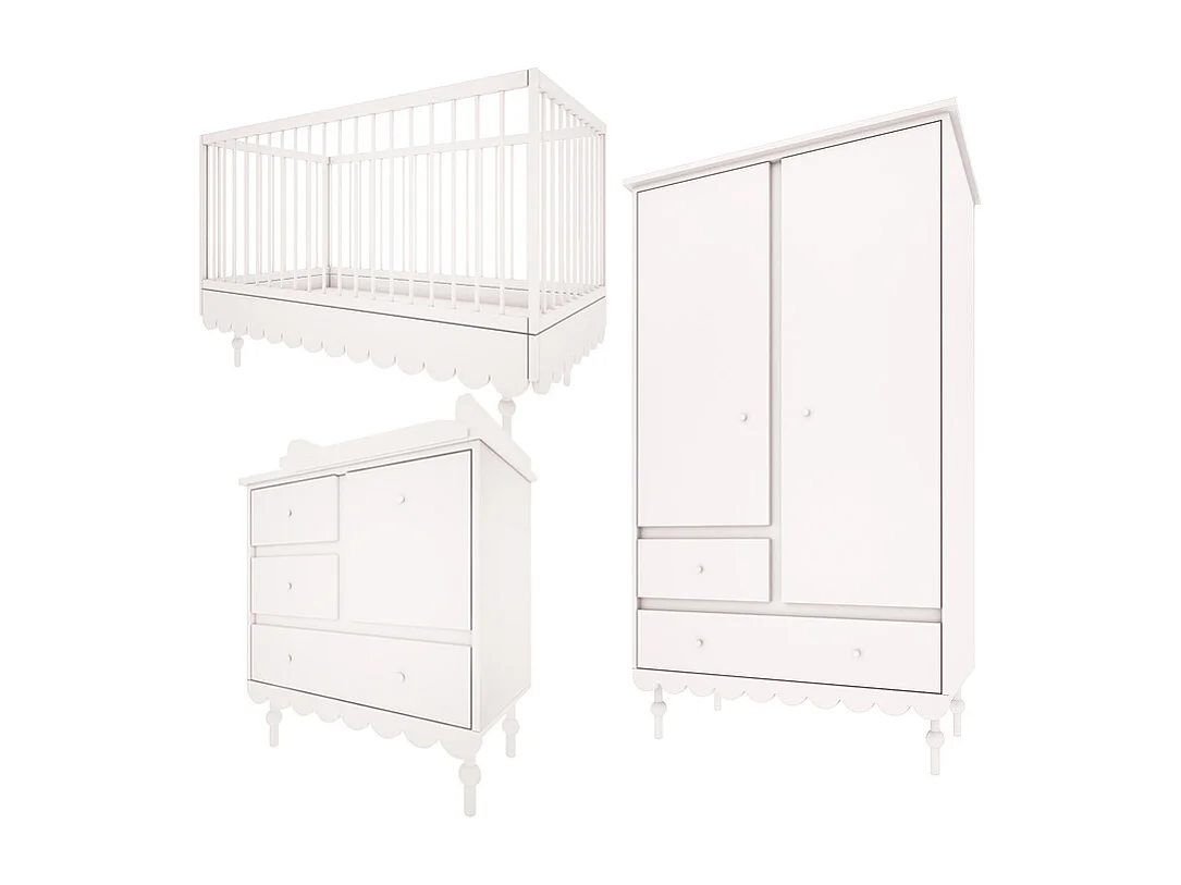Chambre complète lit évolutif 70x140 commode à langer et armoire 2 portes Babushka Blanc