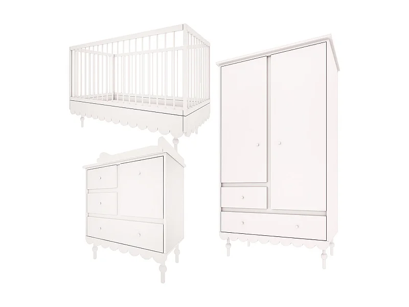 Chambre complète lit évolutif 70x140 commode à langer et armoire 2 portes Babushka Blanc