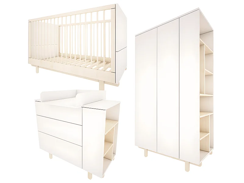 Chambre complète lit évolutif 70x140 commode à langer et armoire 2 portes Romy - Blanc