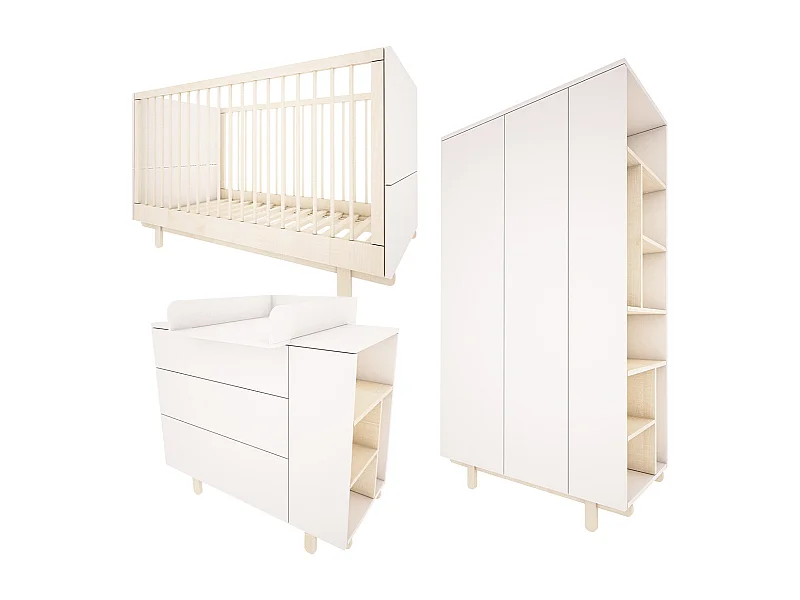 Chambre complète lit évolutif 70x140 commode à langer et armoire 2 portes Romy - Blanc