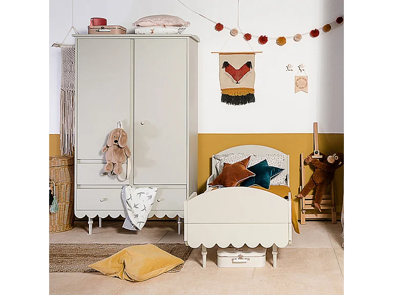 Chambre complète lit évolutif 70x140 commode à langer et armoire 2 portes Babushka Olive