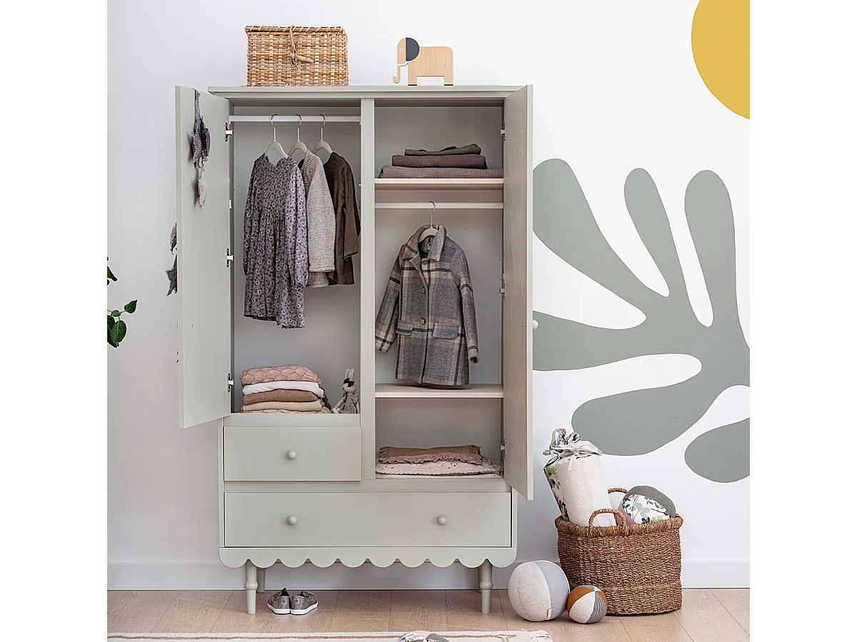 Chambre complète lit évolutif 70x140 commode à langer et armoire 2 portes Babushka Olive