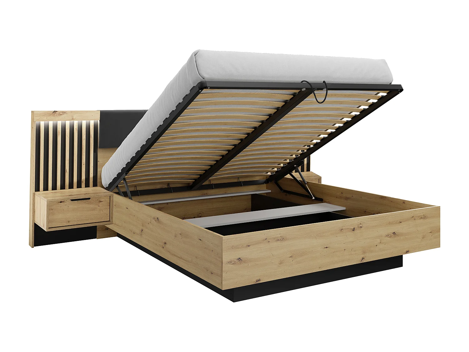Łóżko ze skrzynią i szafkami nocnymi 160 x 200 cm - Z diodami LED - Kolory: Naturalny i czarny - ARIADA