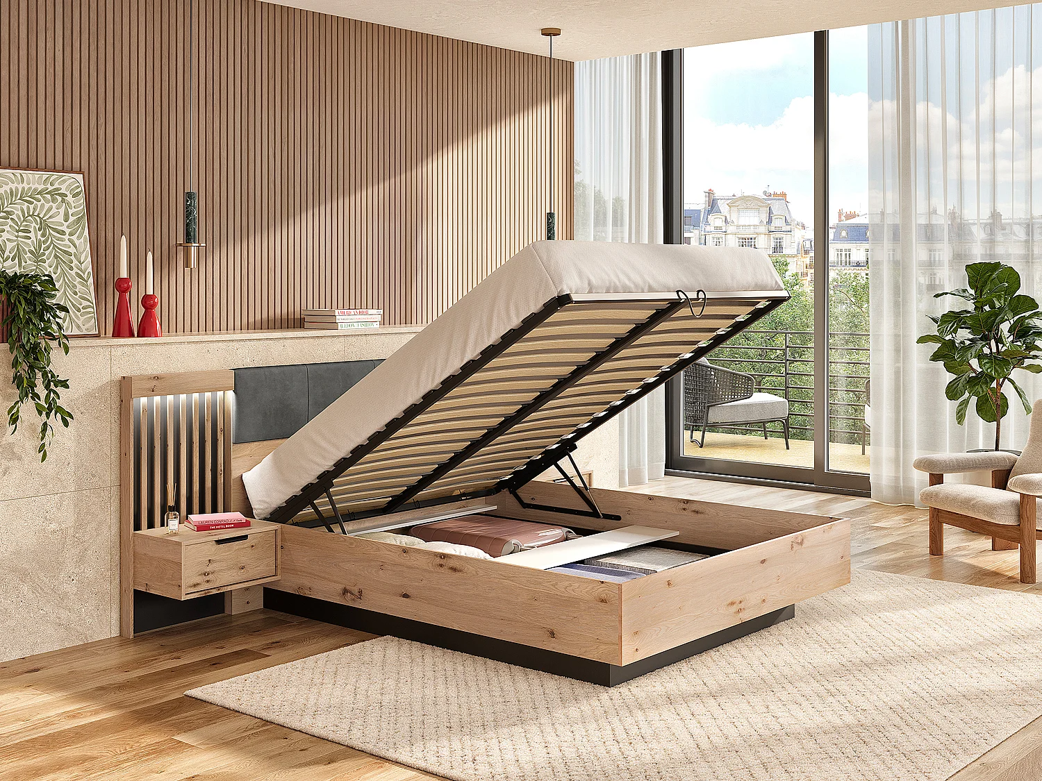 Bett mit Bettkasten - mit Nachttischen & LED-Beleuchtung - 160 x 200 cm - Holzfarben & Schwarz - ARIADA