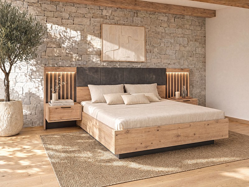 Lit coffre avec chevets 160 x 200 cm avec LEDs coloris naturel et noir ...