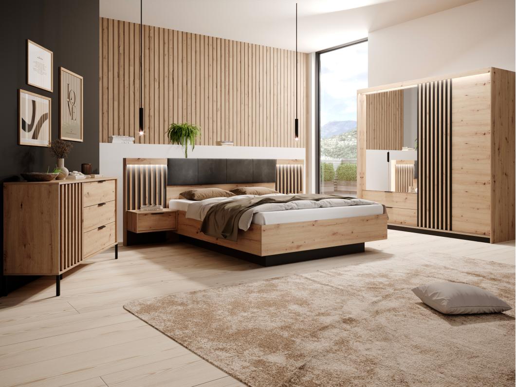 Bett mit Bettkasten - mit Nachttischen & LED-Beleuchtung - 160 x 200 cm - Holzfarben & Schwarz - ARIADA