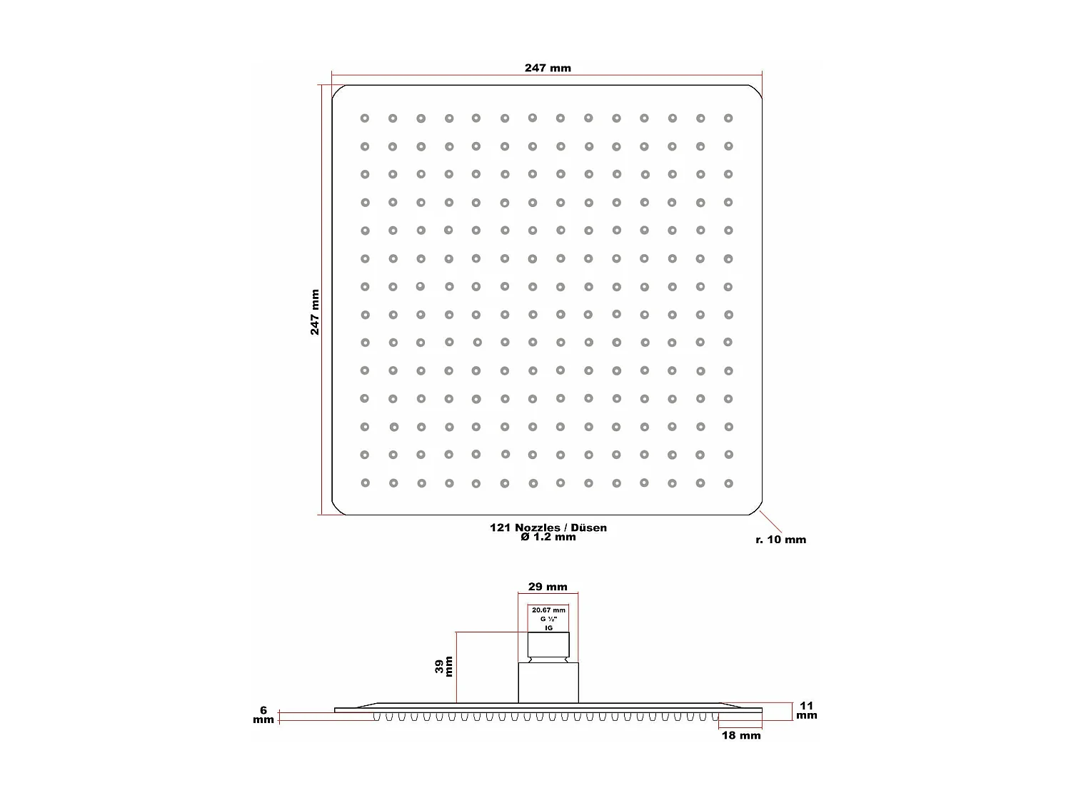 Rociador de ducha cuadrado Rociador de ducha con chorro de lluvia 25 x 25 cm acero inoxidable 16_0000626