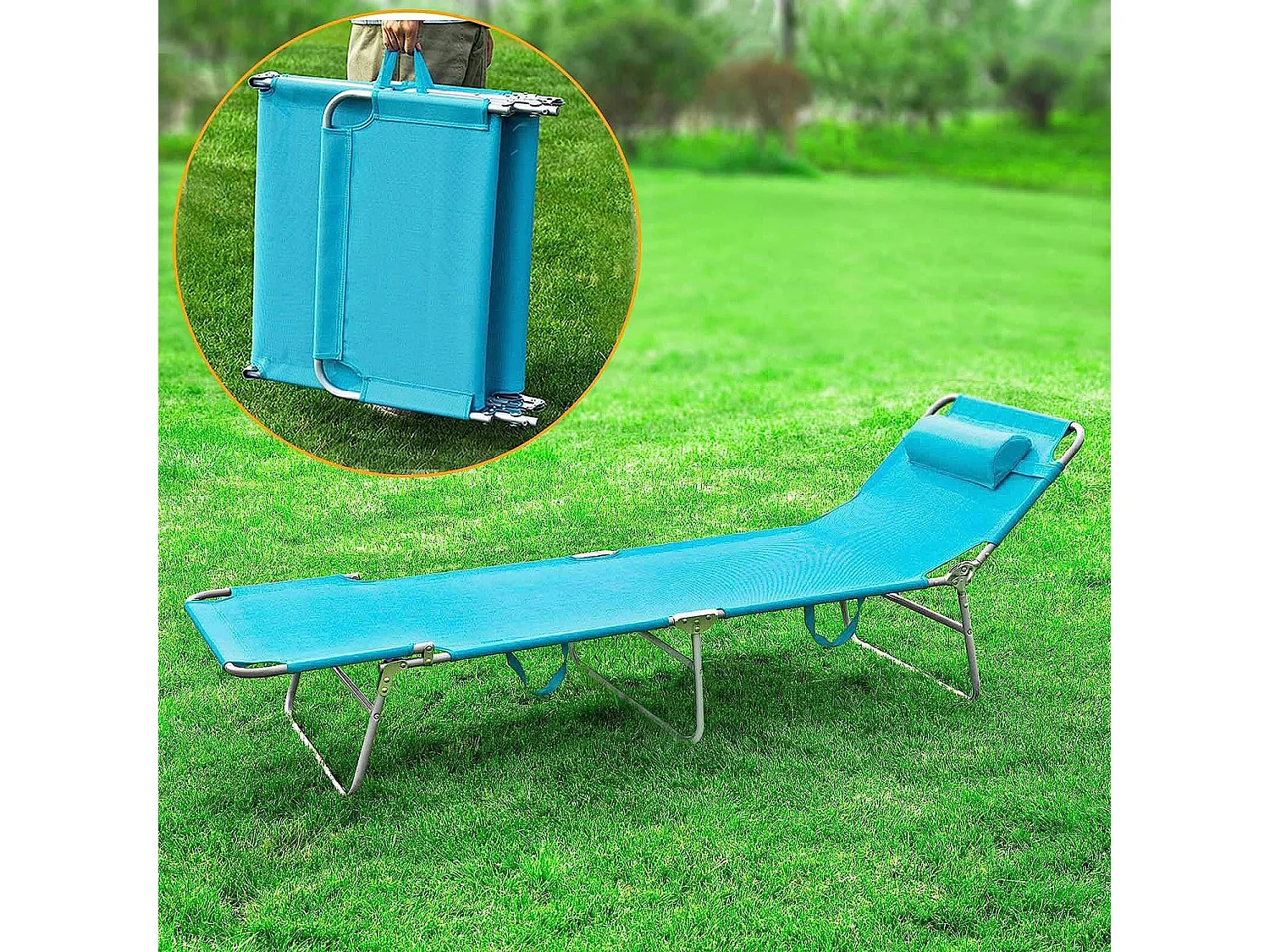 SoBuy Chaise Longue Pliable et Réglable, Transat de Jardin avec Appui-Tête et Pochette, Bain de Soleil, Charge 120 kg, Bleu, OGS35-B