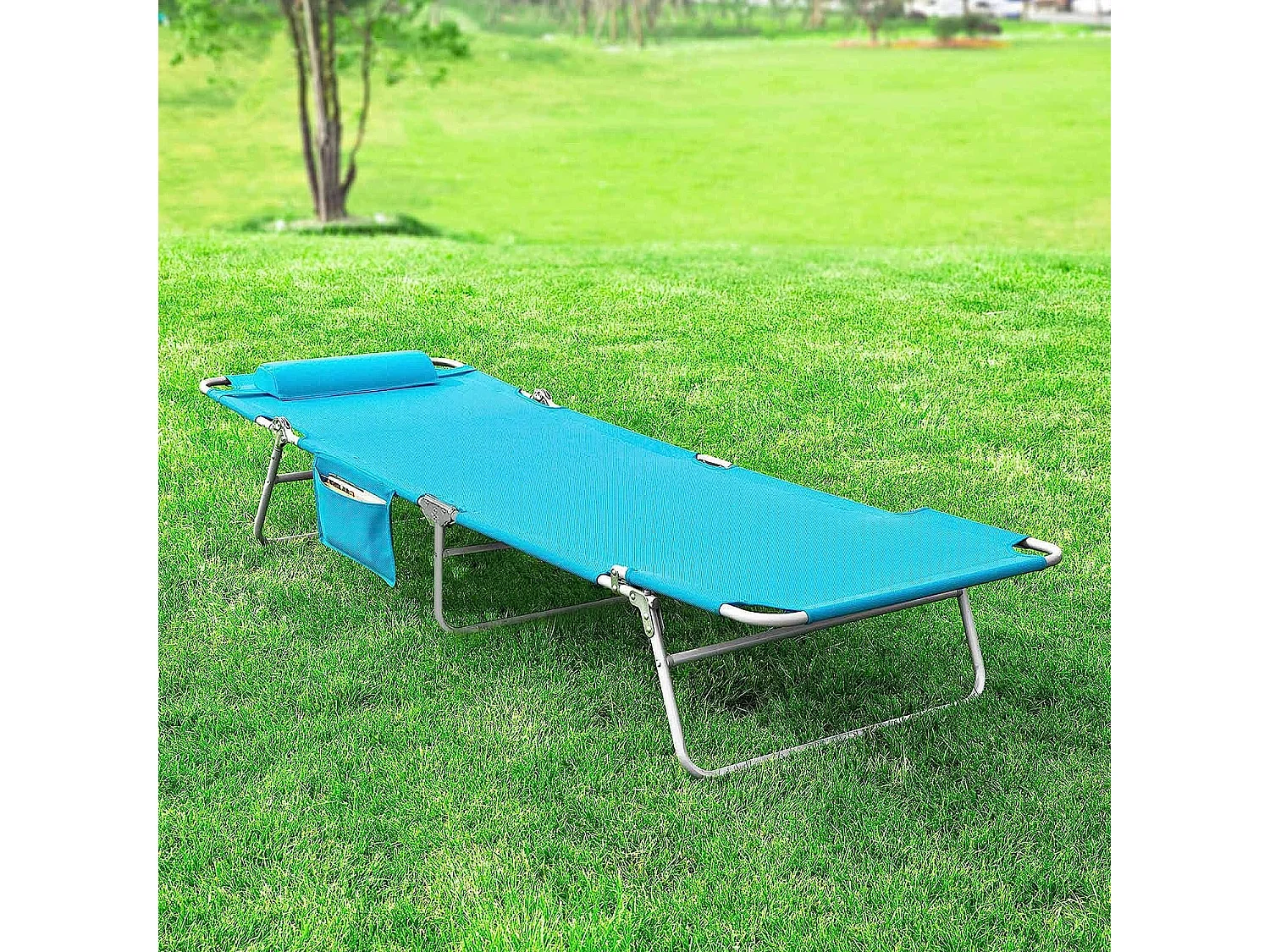 SoBuy Chaise Longue Pliable et Réglable, Transat de Jardin avec Appui-Tête et Pochette, Bain de Soleil, Charge 120 kg, Bleu, OGS35-B