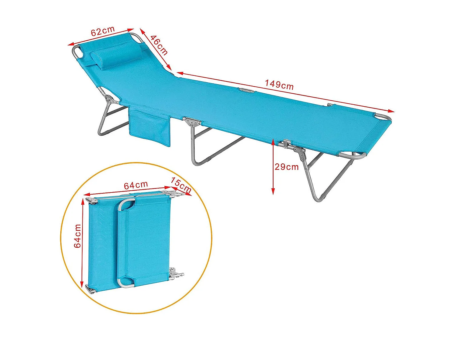 SoBuy Chaise Longue Pliable et Réglable, Transat de Jardin avec Appui-Tête et Pochette, Bain de Soleil, Charge 120 kg, Bleu, OGS35-B