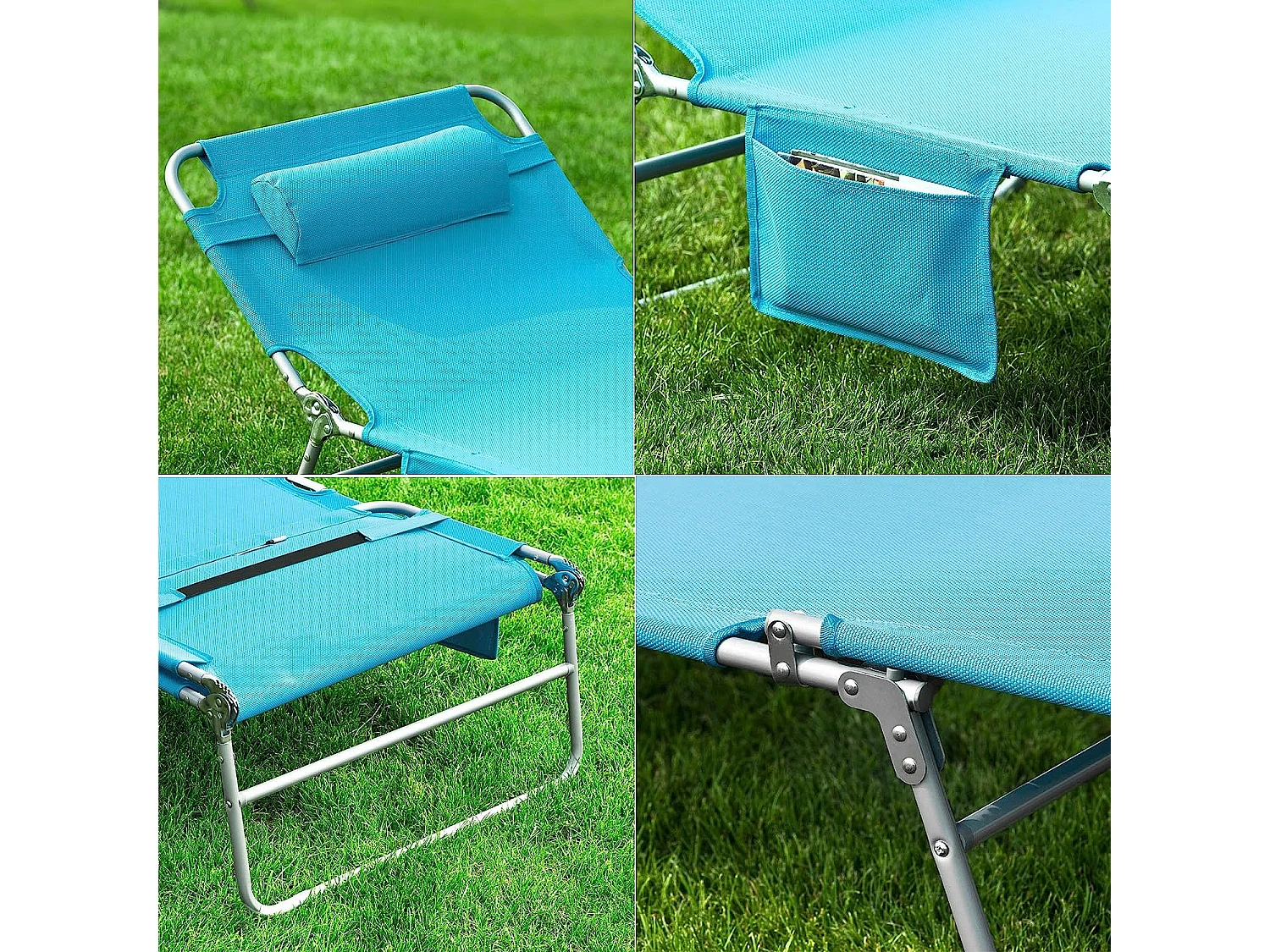 SoBuy Chaise Longue Pliable et Réglable, Transat de Jardin avec Appui-Tête et Pochette, Bain de Soleil, Charge 120 kg, Bleu, OGS35-B