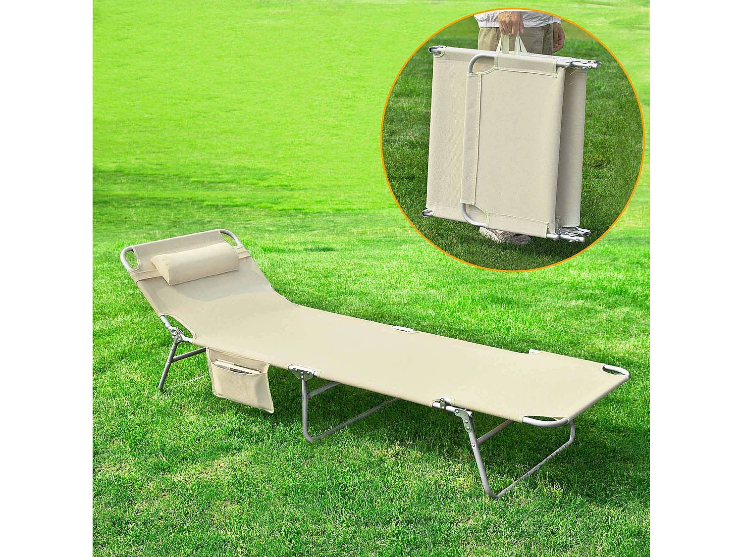 SoBuy Chaise Longue Pliable et Réglable, Transat de Jardin avec Appui-Tête et Pochette, Bain de Soleil, Charge 120 kg, Beige, OGS35-MI