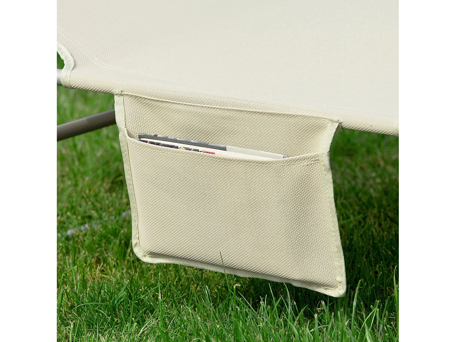 SoBuy Chaise Longue Pliable et Réglable, Transat de Jardin avec Appui-Tête et Pochette, Bain de Soleil, Charge 120 kg, Beige, OGS35-MI