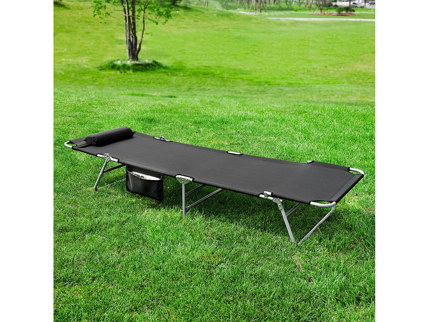 SoBuy Chaise Longue Pliable et Réglable, Transat de Jardin avec Appui-Tête et Pochette, Bain de Soleil, Charge 120 kg, Noir, OGS35-SCH