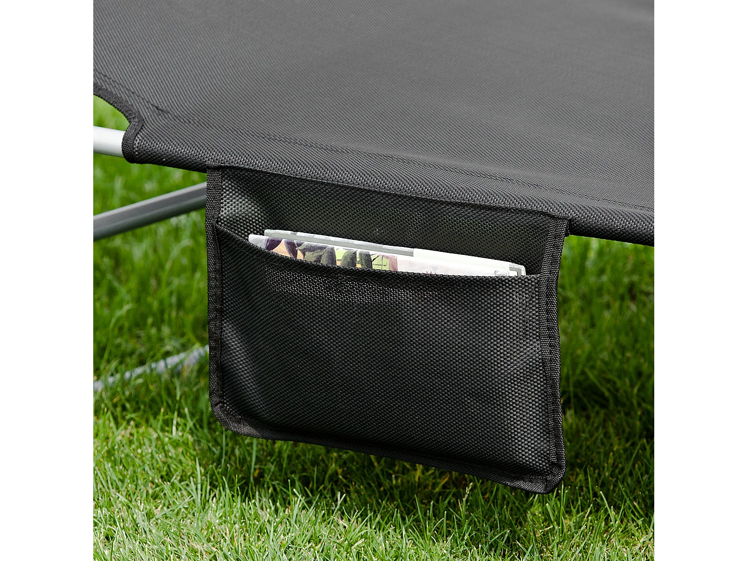 SoBuy Chaise Longue Pliable et Réglable, Transat de Jardin avec Appui-Tête et Pochette, Bain de Soleil, Charge 120 kg, Noir, OGS35-SCH