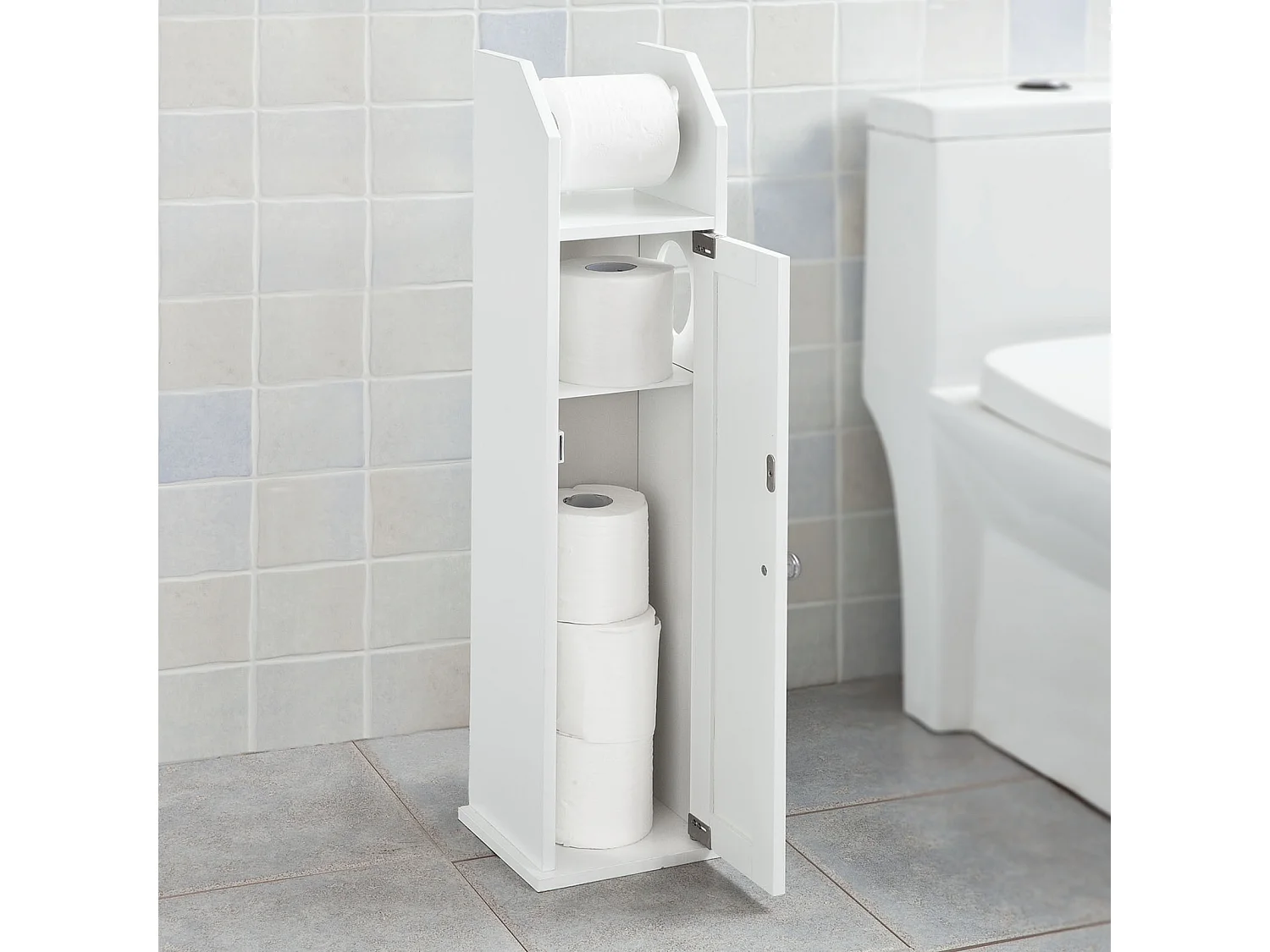 SoBuy  FRG135-W,Piantana portarotolo e portascopino 2 in 1, Mobile bagno, bianco, IT