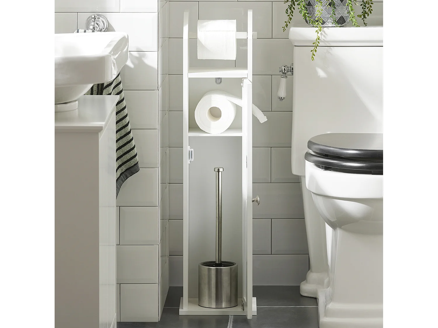 SoBuy  FRG135-W,Piantana portarotolo e portascopino 2 in 1, Mobile bagno, bianco, IT