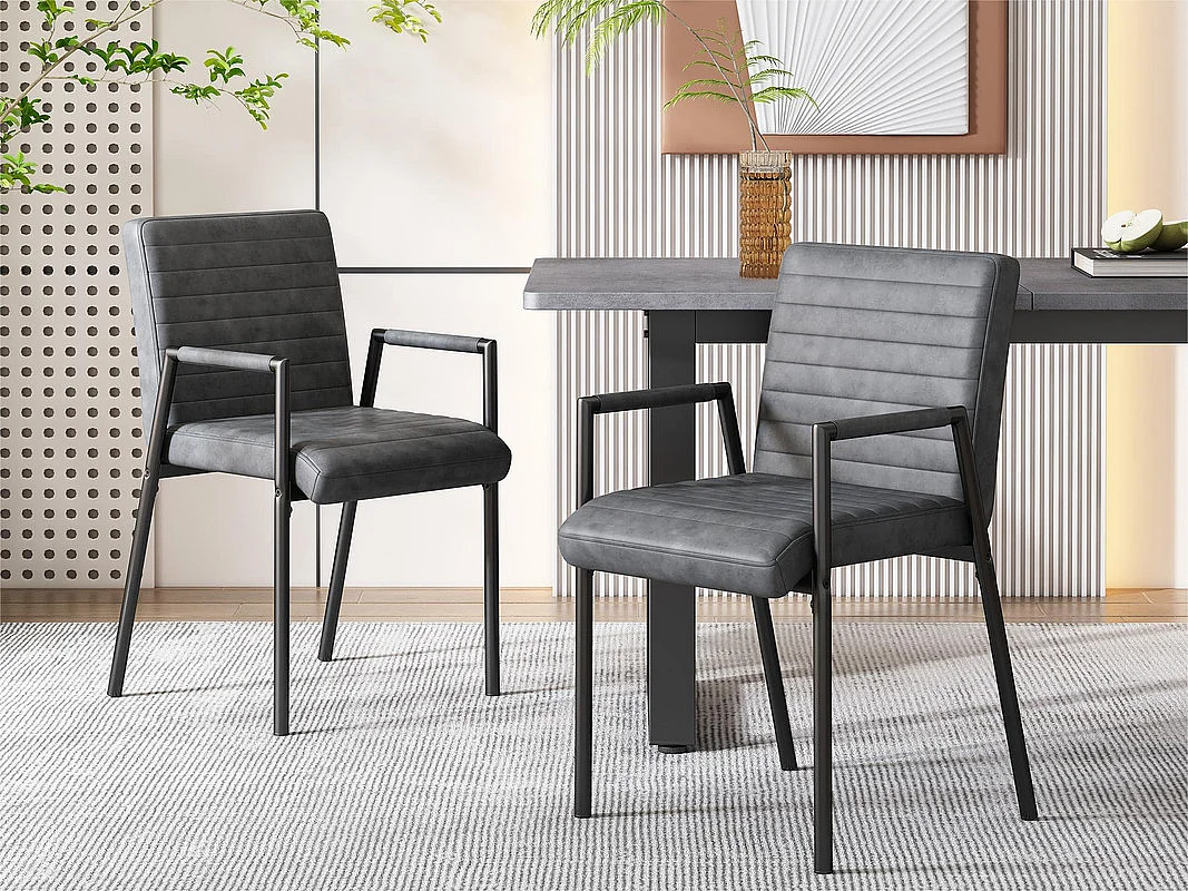 Lot de 2 Chaises en similicuir avec accoudoirs - pieds en métal - Noir