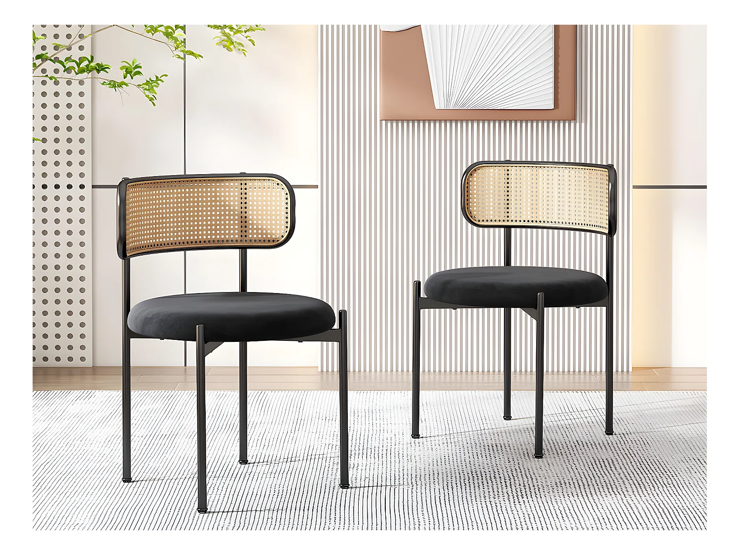 Set van 2 fluwelen en rotan stoelen - metalen poten - Zwart