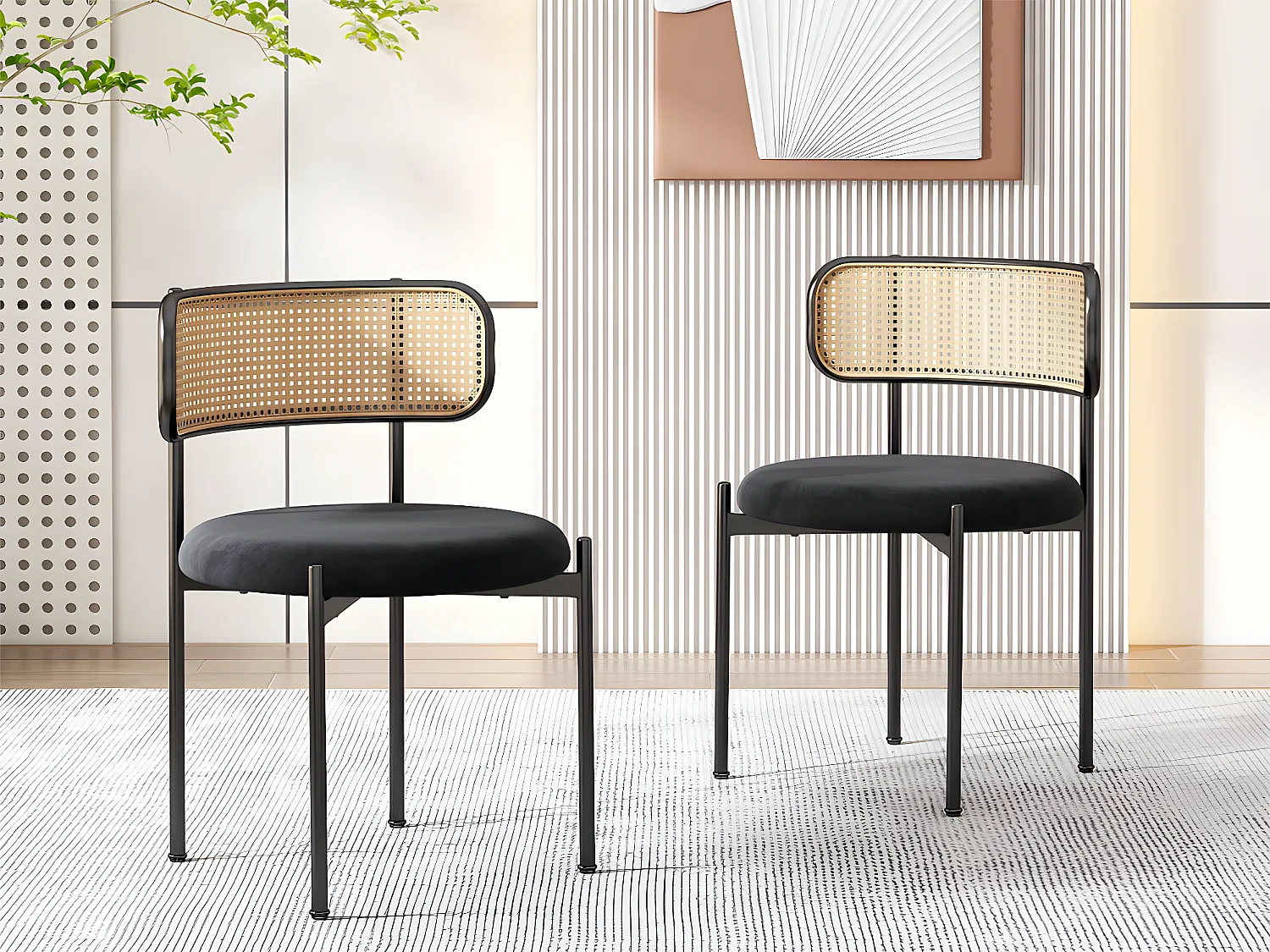 Lot de 2 Chaises en velours et rotin - pieds en métal - Noir