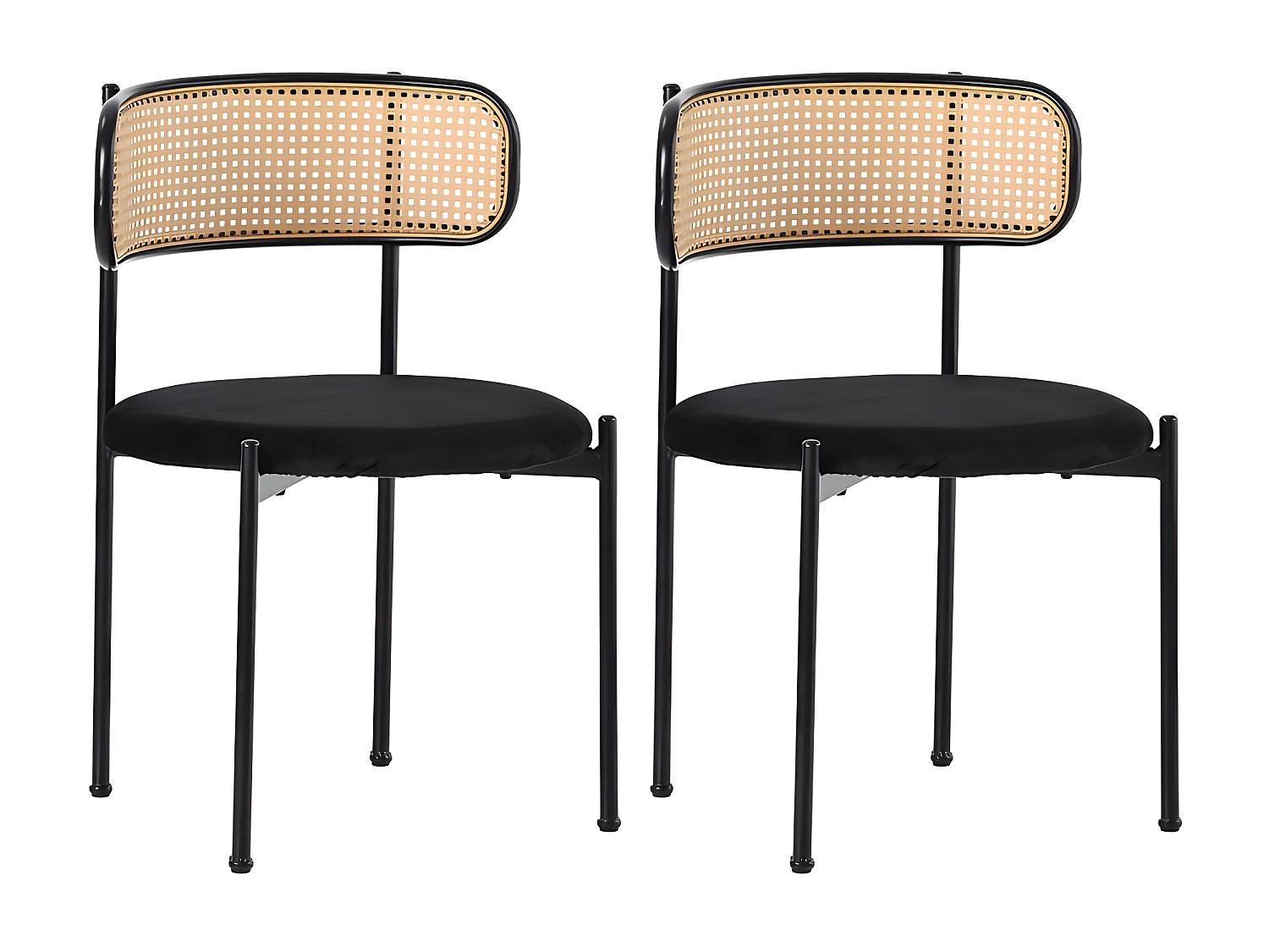 Lot de 2 Chaises en velours et rotin - pieds en métal - Noir