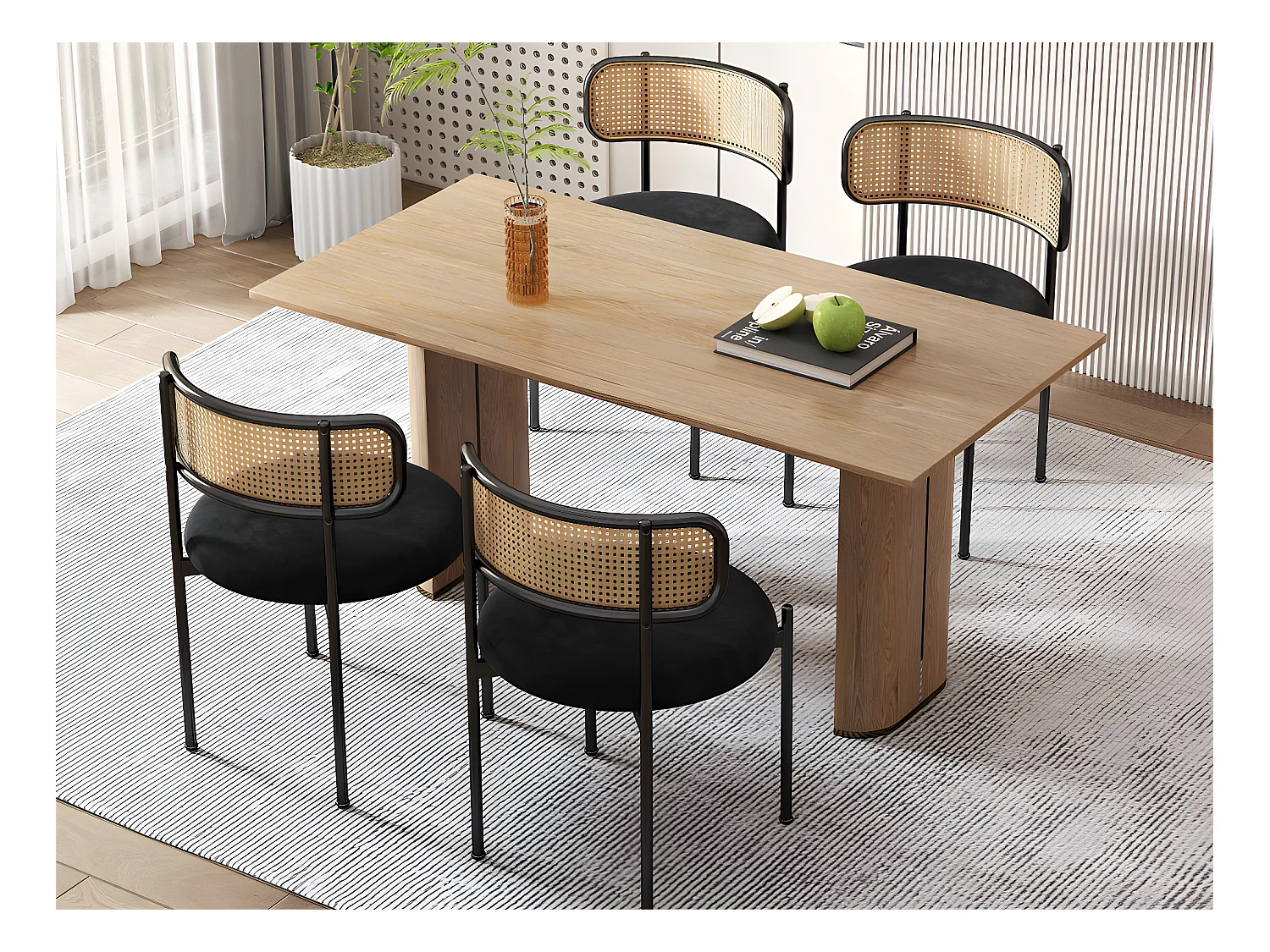 Set van 4 fluwelen en rotan stoelen - metalen poten - Zwart