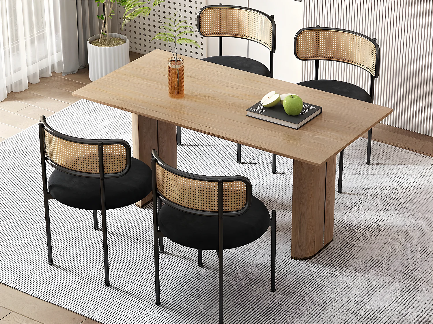 Lot de 4 Chaises en velours et rotin - pieds en métal - Noir