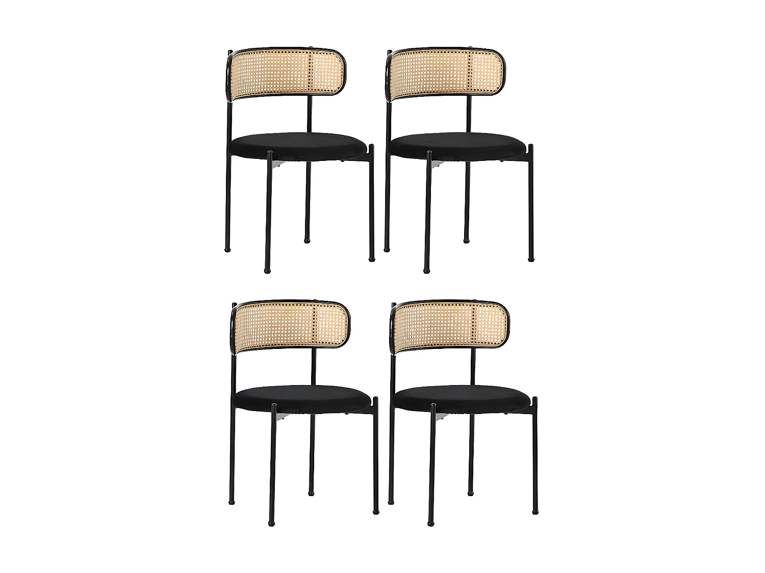 Lot de 4 Chaises en velours et rotin - pieds en métal - Noir
