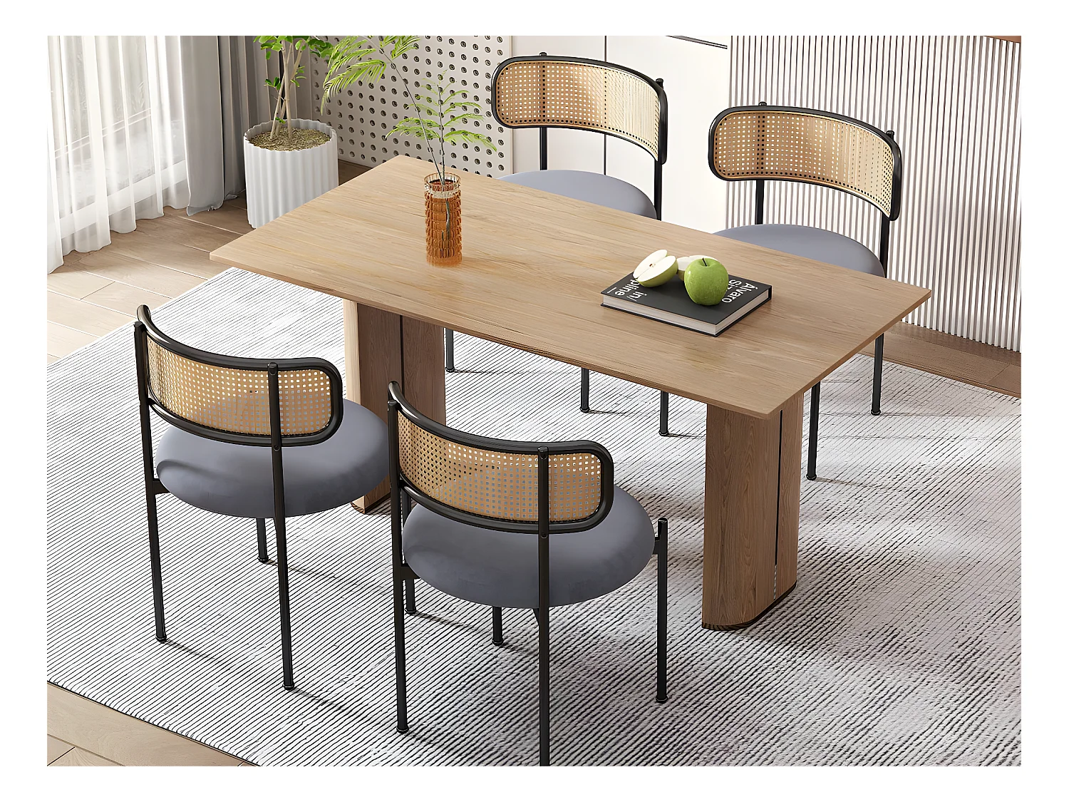 Set van 4 fluwelen en rotan stoelen - metalen poten - Grijs