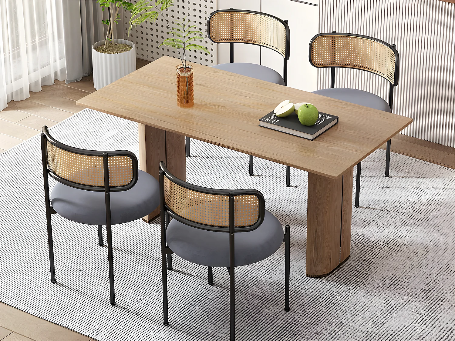 Lot de 4 Chaises en velours et rotin - pieds en métal - Gris