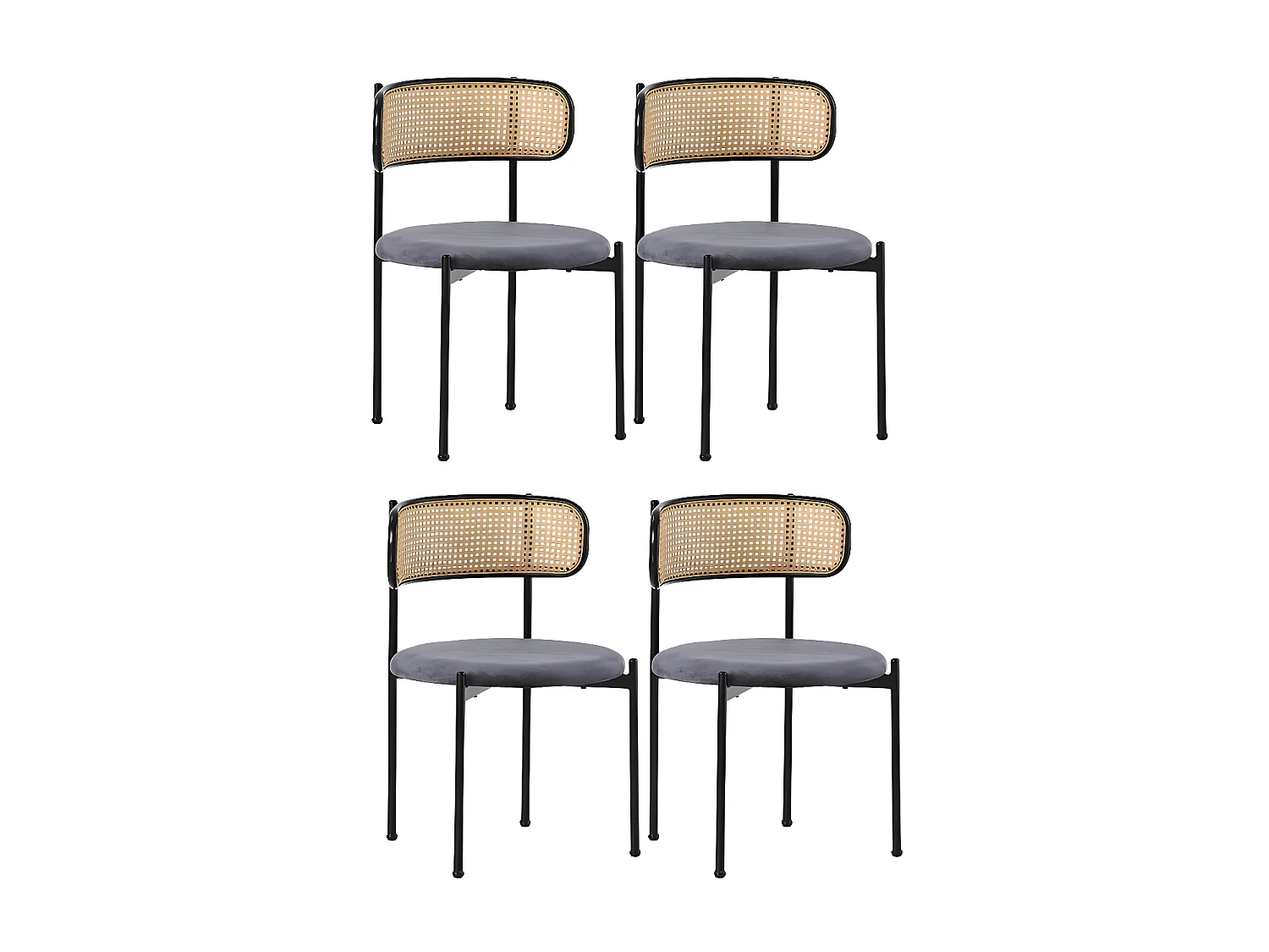 Lot de 4 Chaises en velours et rotin - pieds en métal - Gris