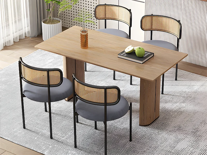 Lot de 4 Chaises en velours et rotin - pieds en métal - Gris