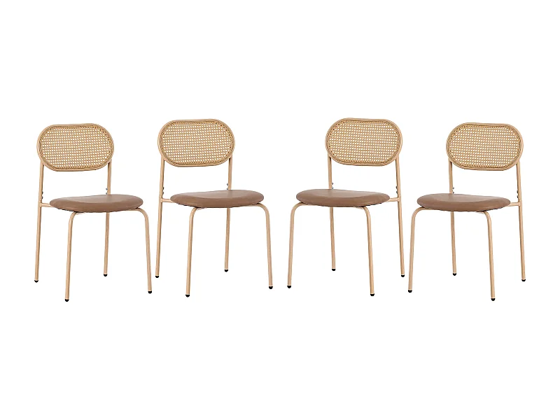 Conjunto de 4 sillas de piel sintética y ratán - patas de metal - Marrón