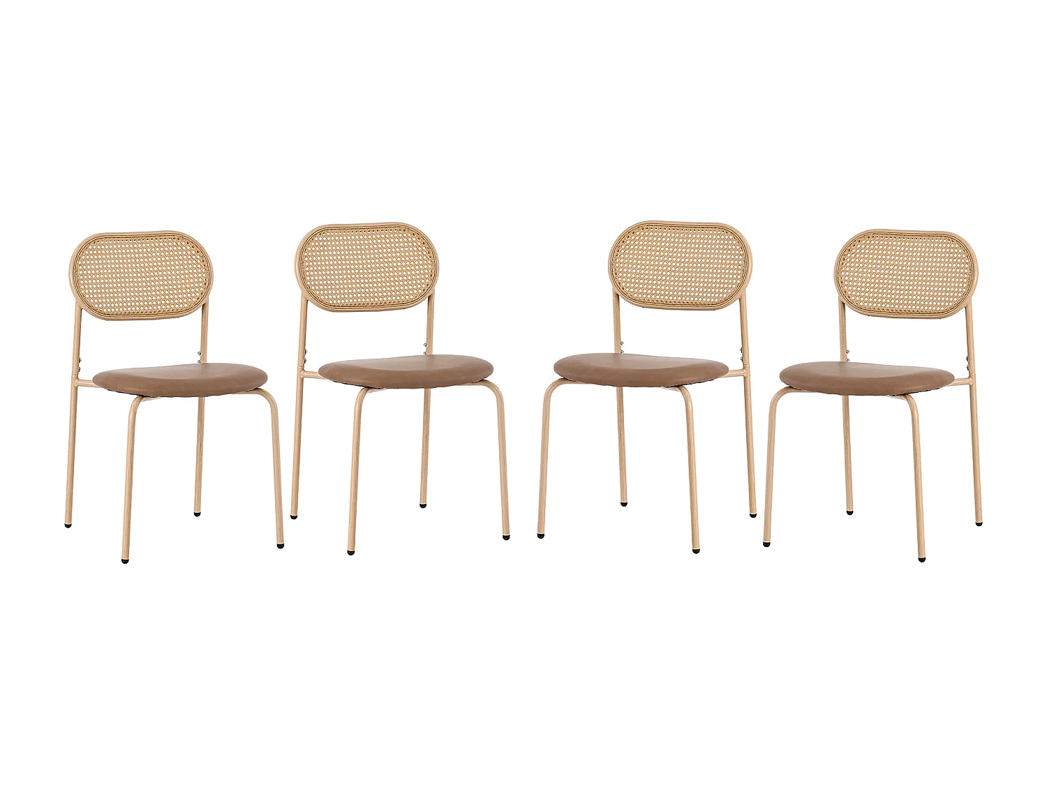 Lot de 4 Chaises en similicuir et rotin - pieds en métal - Marron