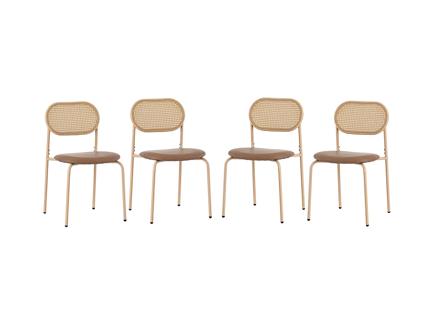 Lot de 4 Chaises en similicuir et rotin - pieds en métal - Marron