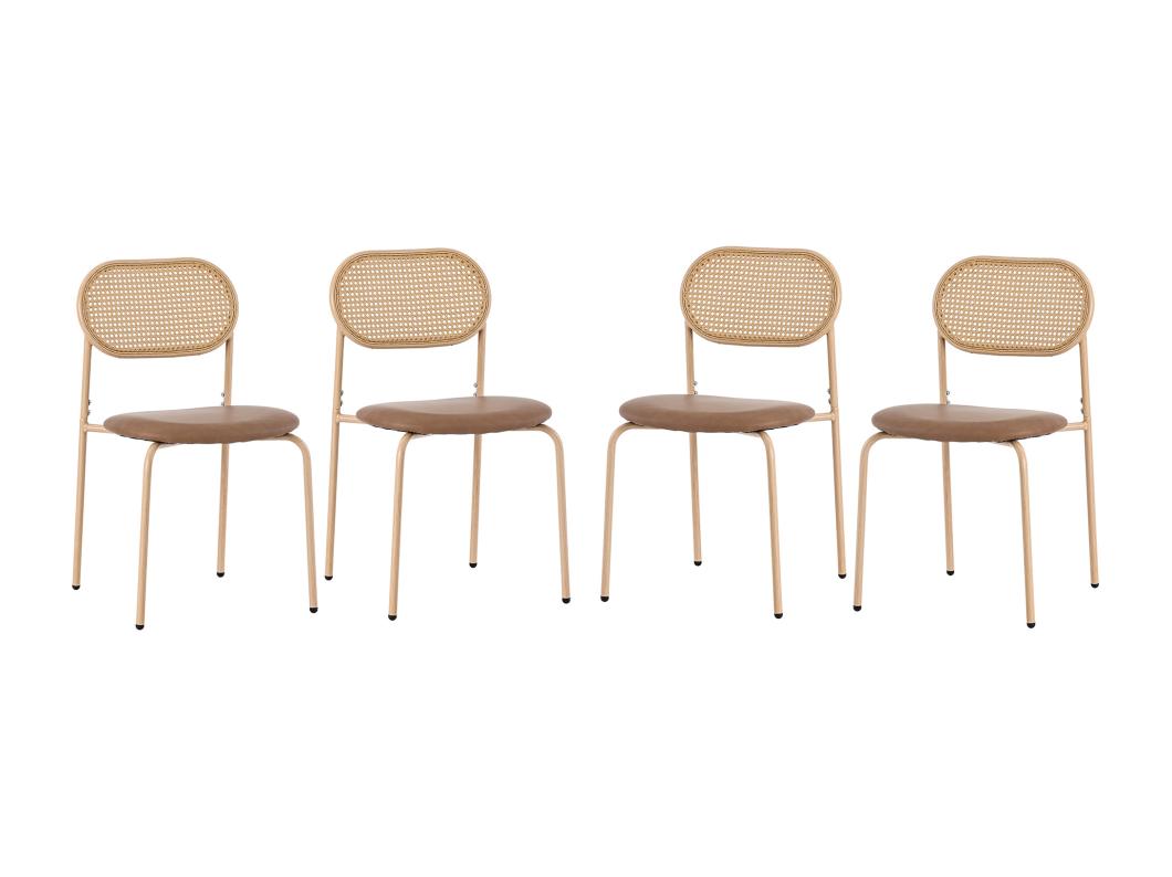 Conjunto de 4 sillas de piel sintética y ratán - patas de metal - Marrón