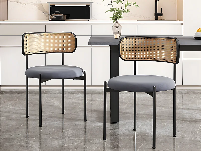 Set van 2 fluwelen en rotan stoelen - metalen poten - Grijs