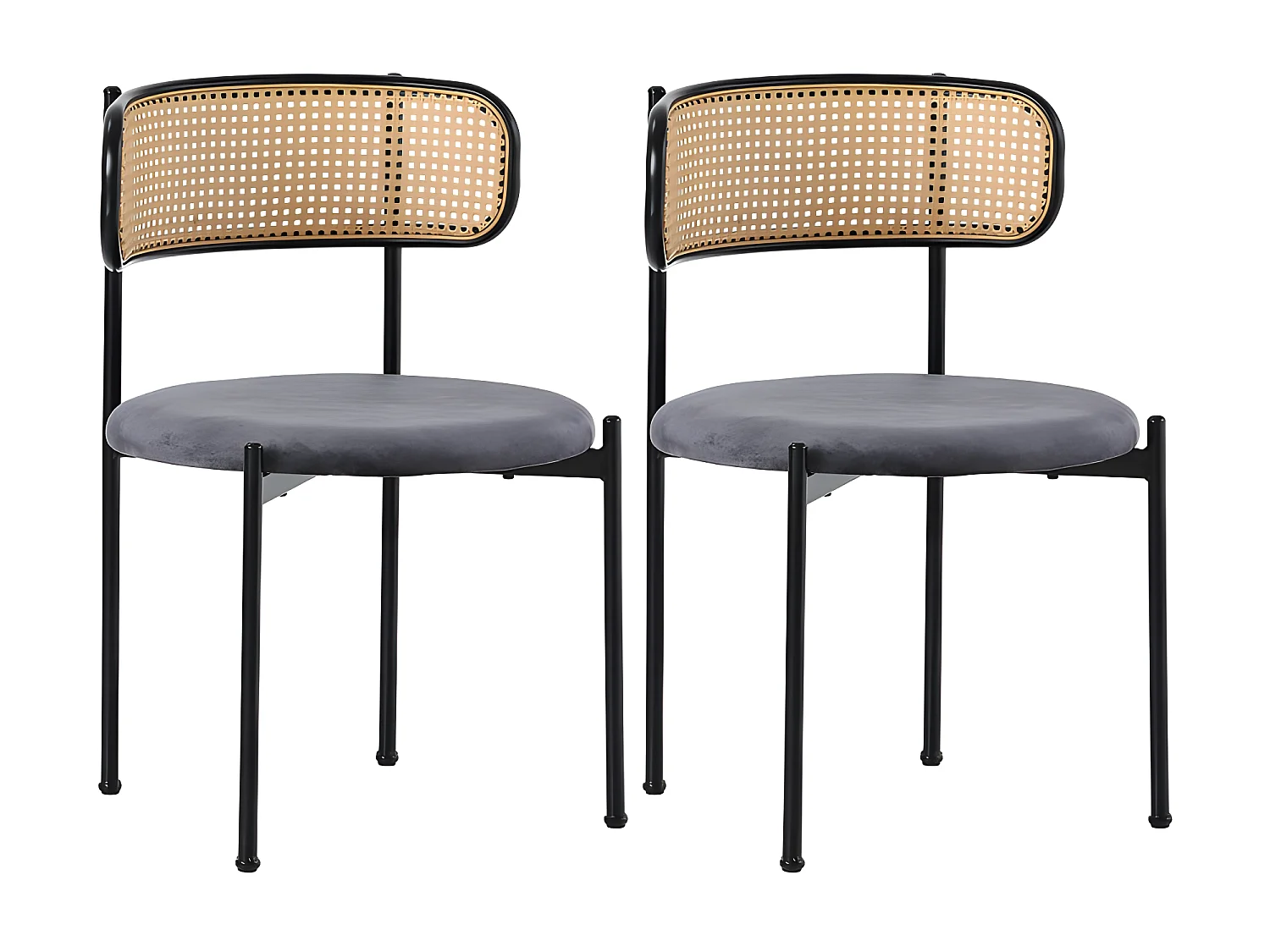 Set mit 2 Stühlen mit Metallbeinen – Rückenlehne aus Rattan – Samtkissen – Grau