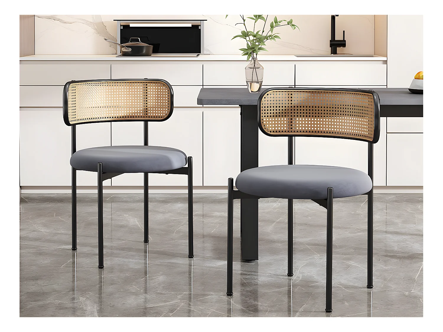 Set van 2 fluwelen en rotan stoelen - metalen poten - Grijs