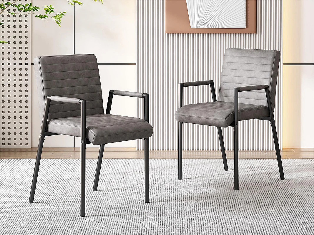 Lot de 2 Chaises en similicuir avec accoudoirs - pieds en métal - Gris