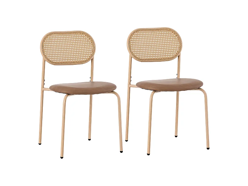 Set aus 2 Stühlen mit Metallbeinen – Rückenlehne aus Rattan – Lederkissen – braun