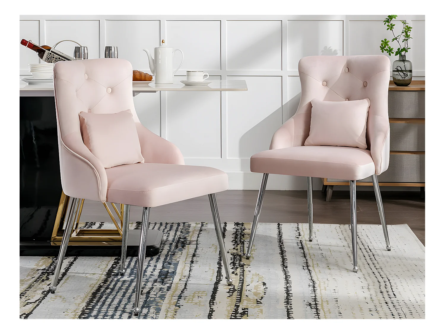Lot de 2 Chaises rembourrées en velours avec coussin - Rose