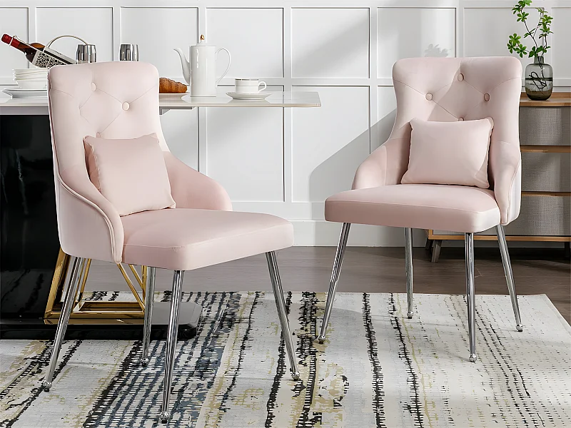 Lot de 2 Chaises rembourrées en velours avec coussin - Rose