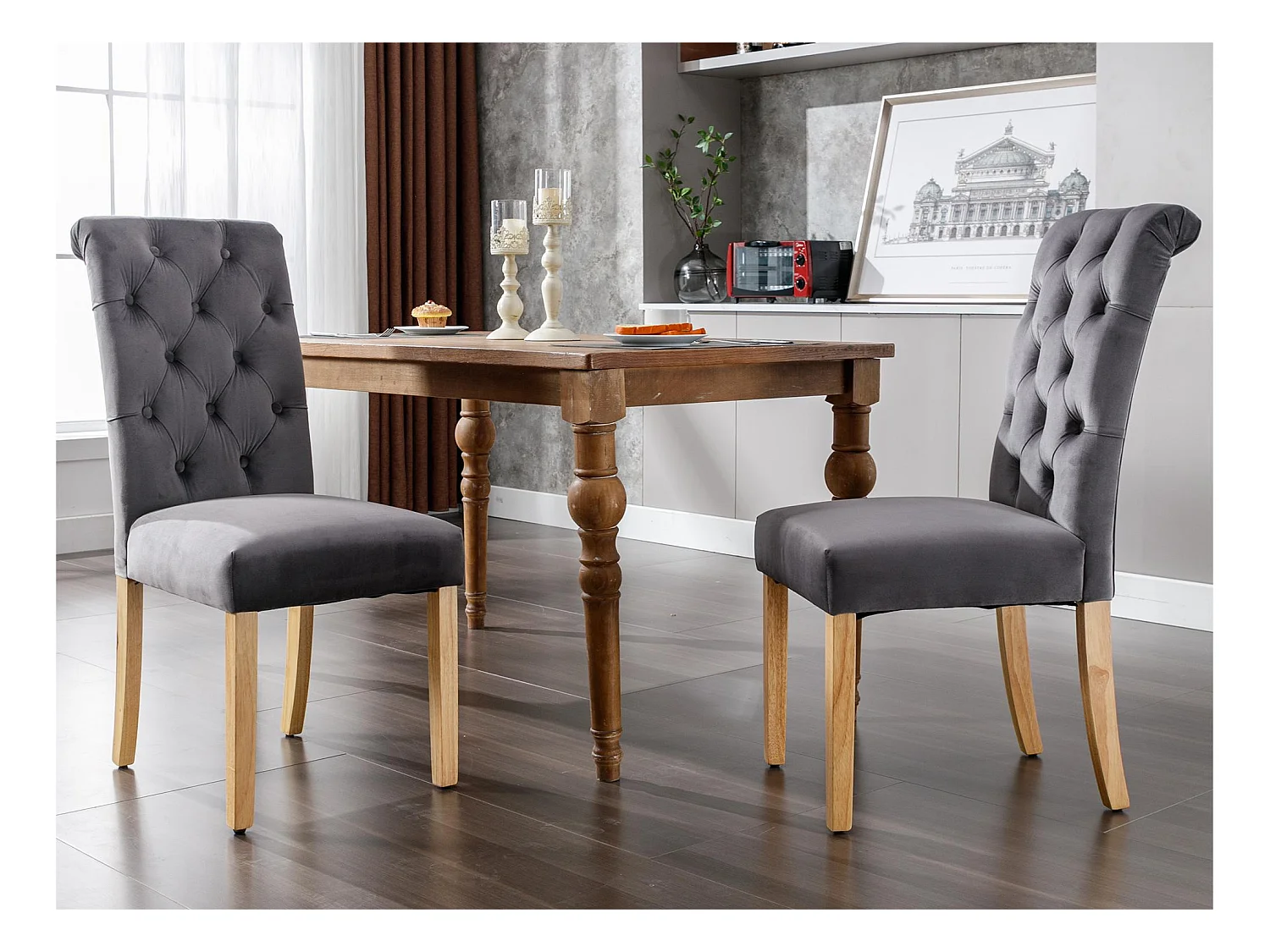 Lot de 2 Chaises en velours avec pieds en chêne - Gris